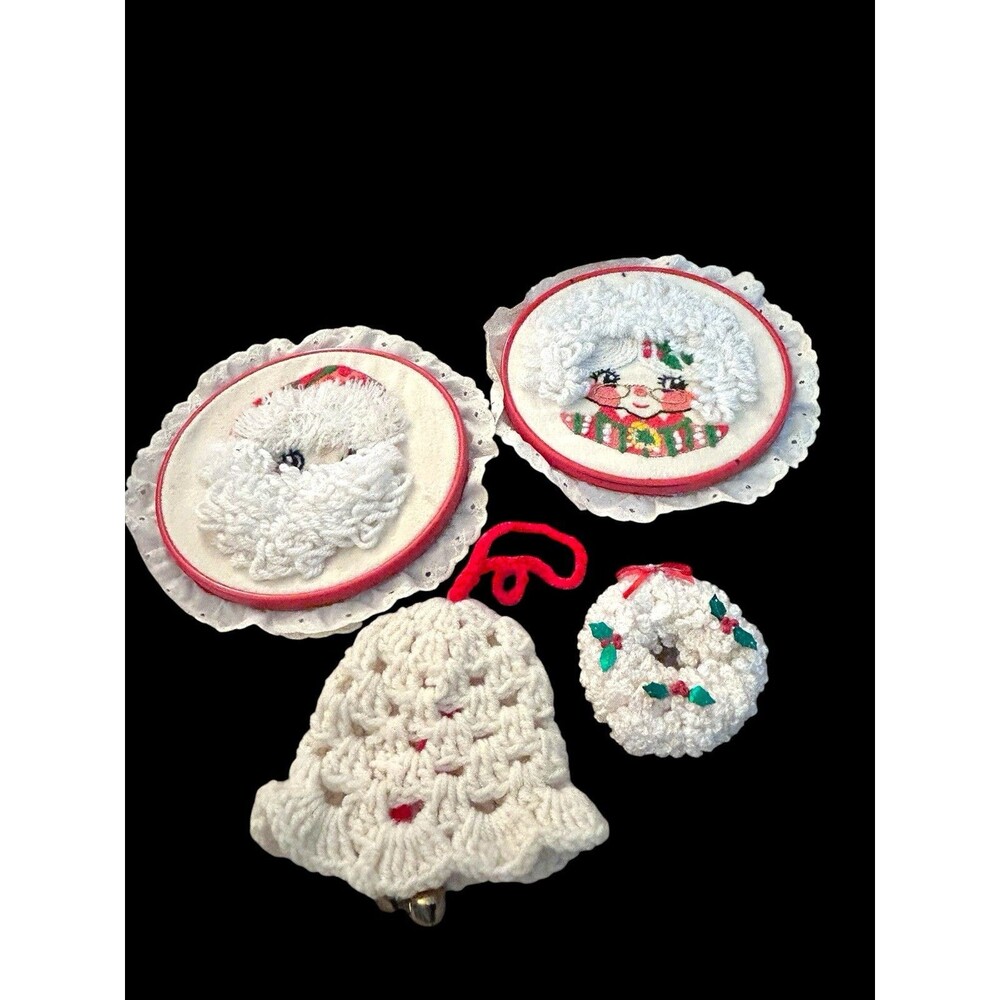 Vtg Lot Of Bernat Mr & Mrs Kringle Wall Decor Holiday Hoop 7" Completed + Others